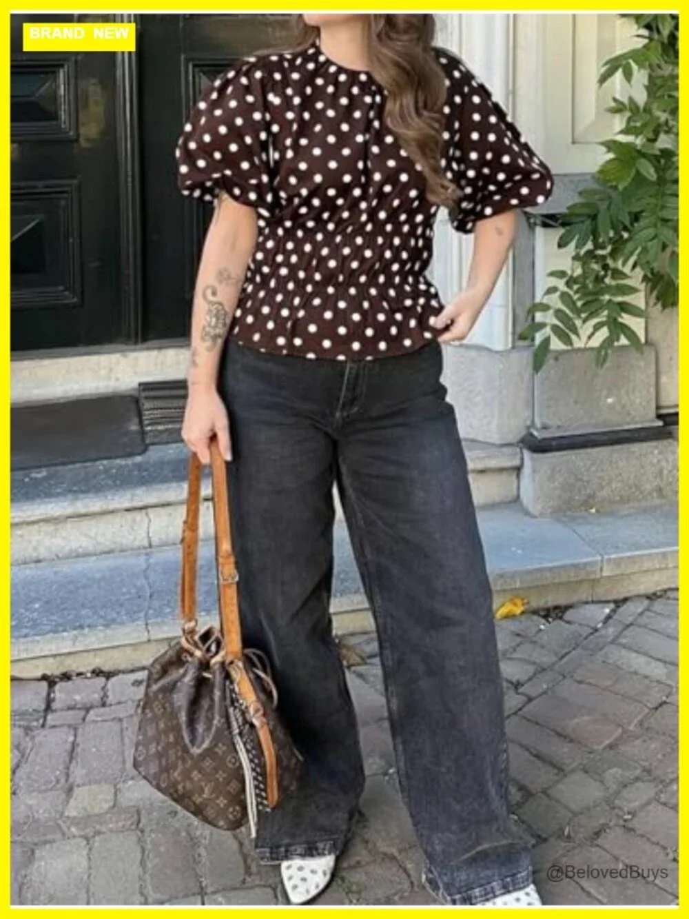 Polka Dots Peplum Top Puff Sleeve Round Neck Blouses Casual Shirts - Picture 5 of 7